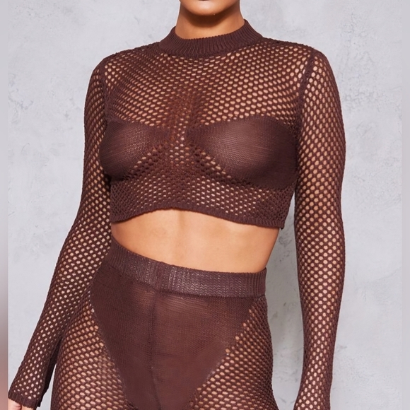 NWT PrettyLittleThing Choclate Crochet Knit Contrast Panel Legging Crop Top S - Picture 2 of 13